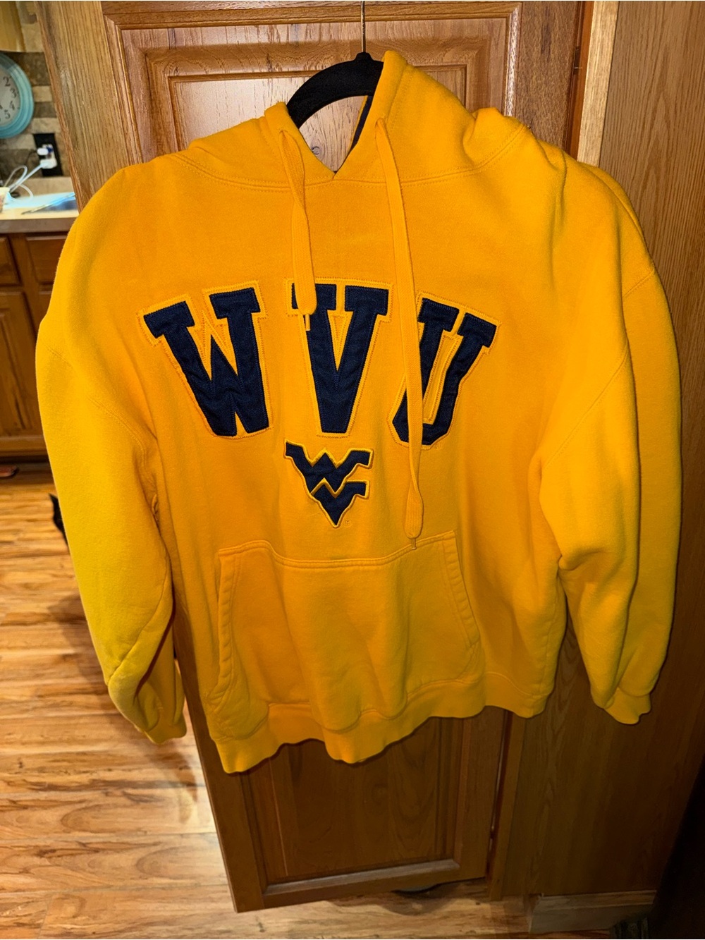 WVU Women's or Men Gold Pullover Hoodie with Navy Applique